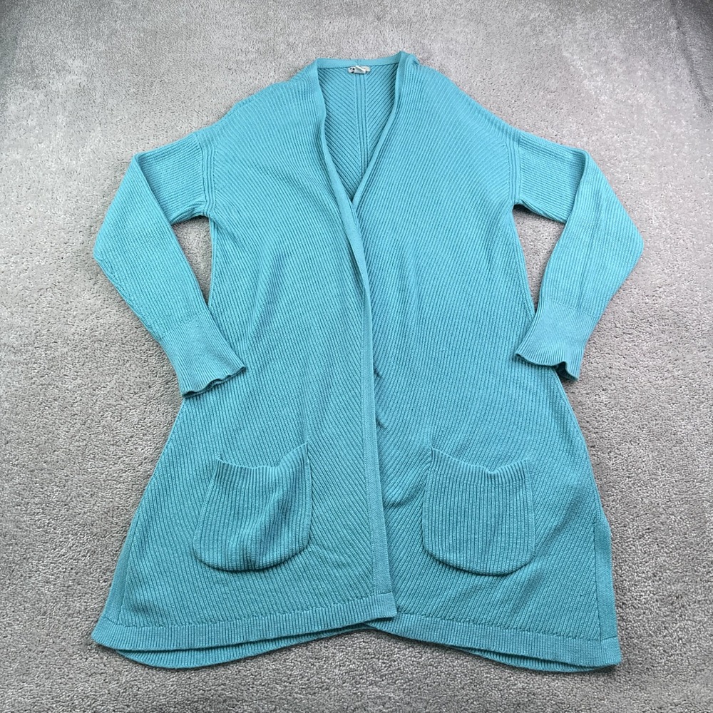 LL Bean Cardigan Womens Medium Blue Shaker Stitch Cotton Open Front Long Sweater